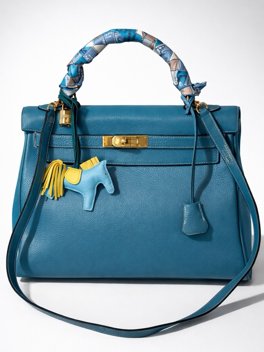 Hermes Kelly32 Retourne,Togo, BleuJean/Gold, box/duster/twilly, PRICE FIRM